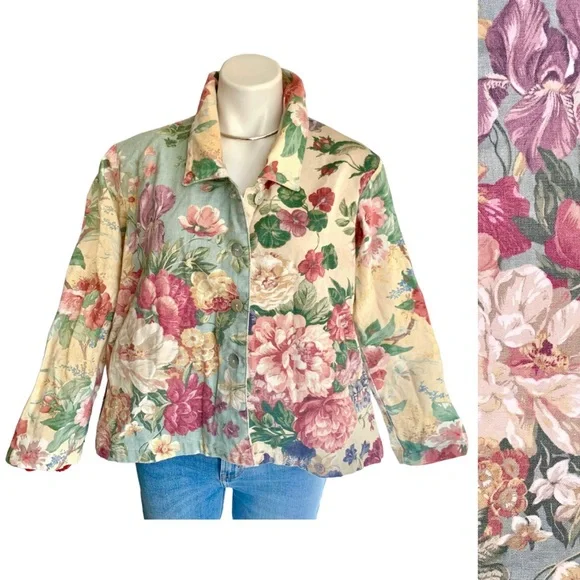 b l o o m :: Vintage Floral Cottagecore Slouchy Canvas Jacket - Picture 3 of 14